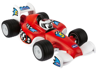 Red toy remote racing car with black tires and white rear wing
