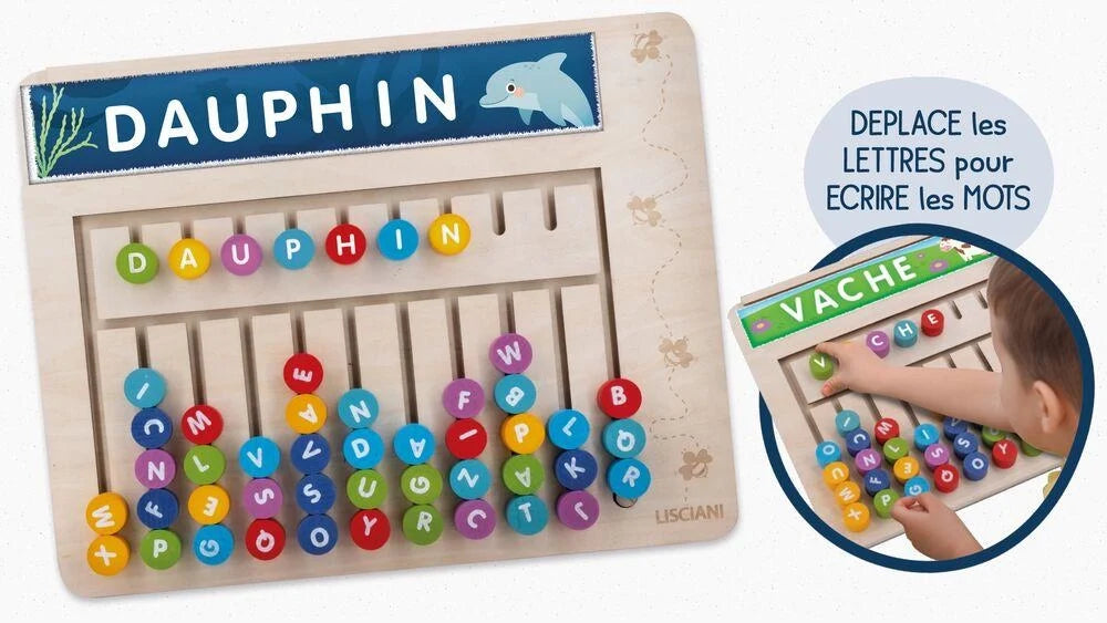 Montessori word board with colored letter tiles and dolphin theme case