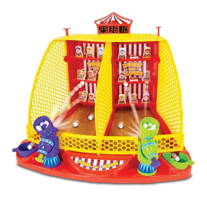 Clown arcade game with yellow mesh sides, red play booth, clown figures, ball ramp