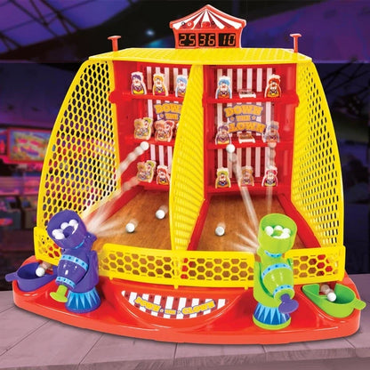 Clown arcade game with yellow mesh and red booth, top scoreboard, clown targets, balls