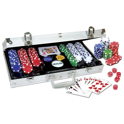 Poker card game case with poker chips and playing cards in open metal case