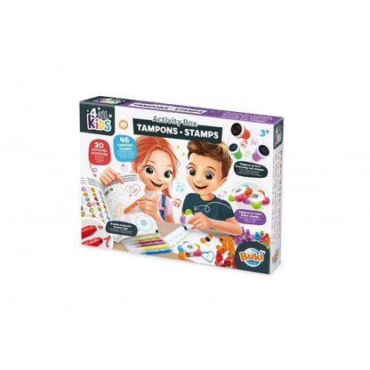 Kids stamp activity box with stamp blocks, ink pads, and coloring markers