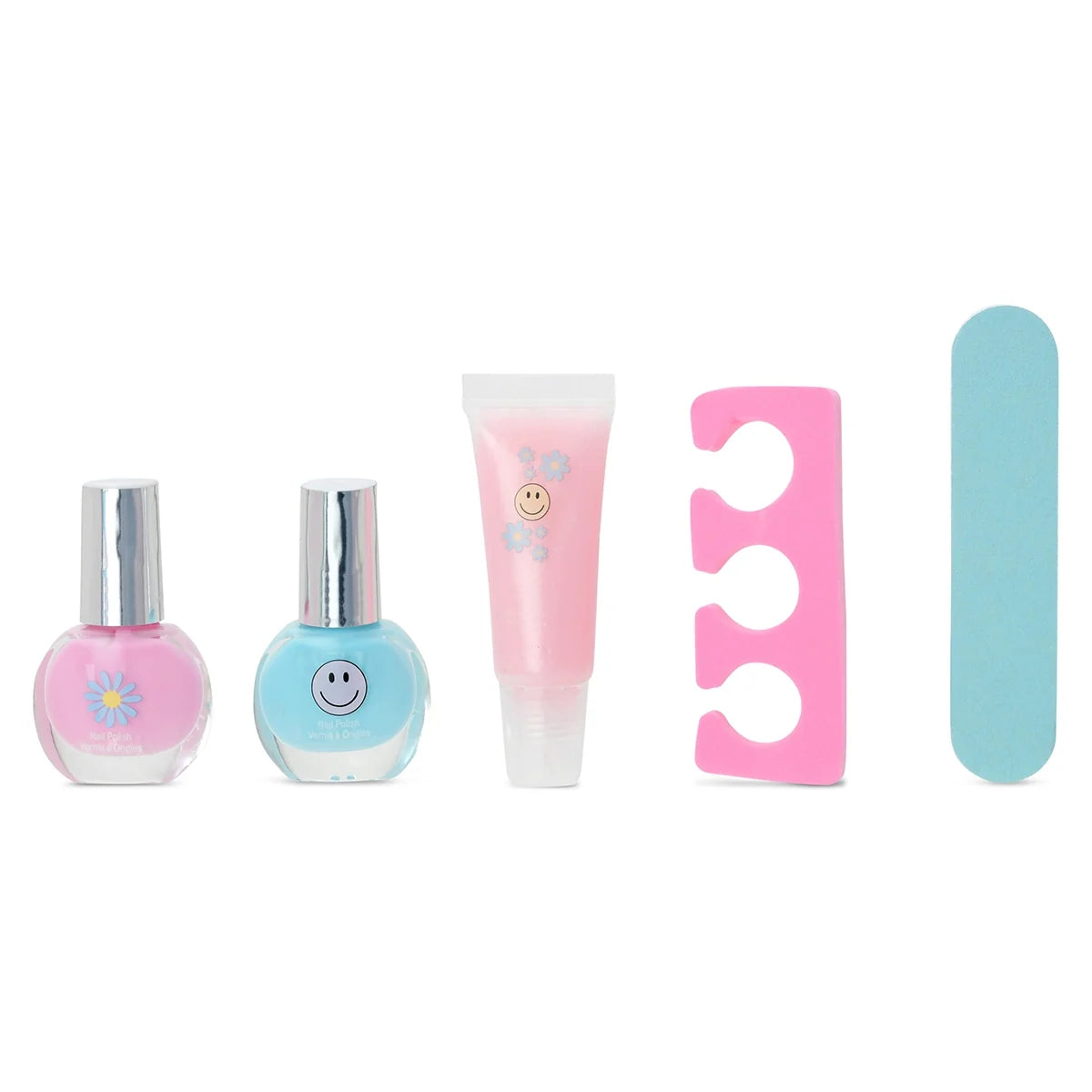 Smile-themed beauty set with nail polish bottles, pink tube, and nail file