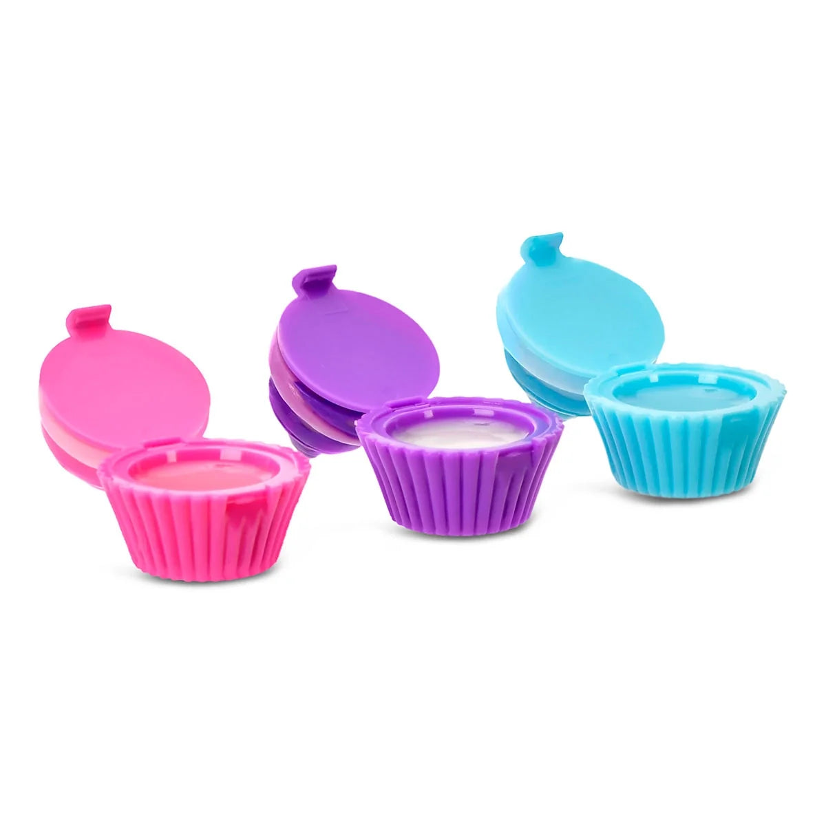 Cupcake-shaped lip balm set with pink, purple, and blue open lids in mini cups
