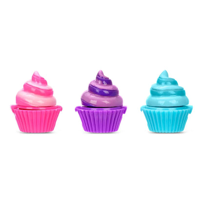 Cupcake lip balm in pink, purple, and blue, each in a ribbed mini cup