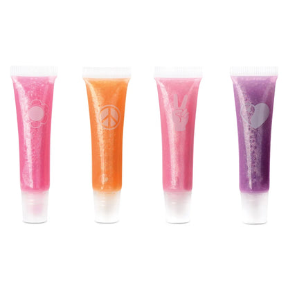 Four lip gloss tubes: pink, orange, rose, and purple shades with wand caps.