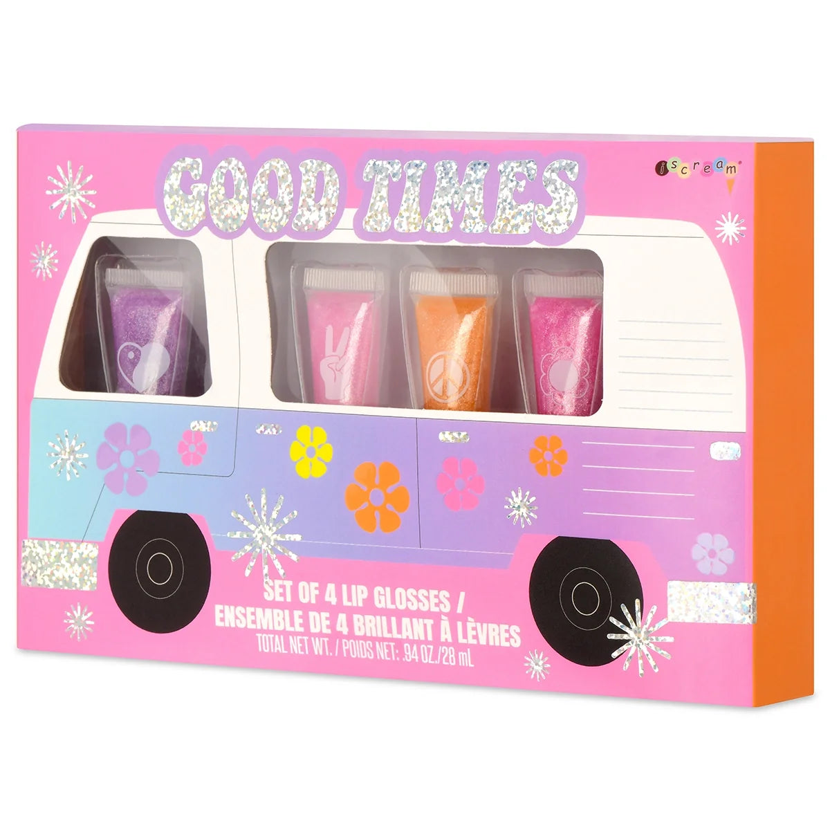 Lip gloss gift box set of four with colorful tubes shown through a window.
