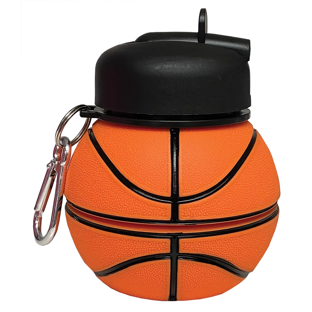 Basketball collapsible water bottle, orange with black cap and basketball seam design