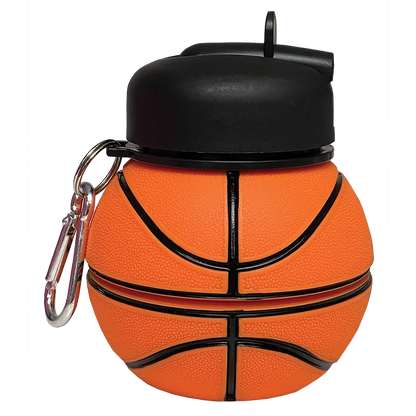 Basketball collapsible water bottle, orange with black cap and basketball seam design