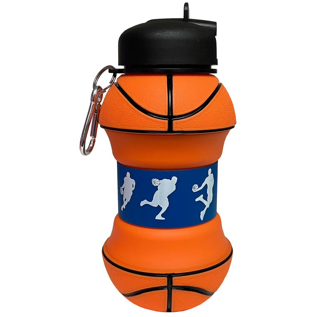 Basketball collapsible water bottle with orange body, black cap, and blue sport logo band