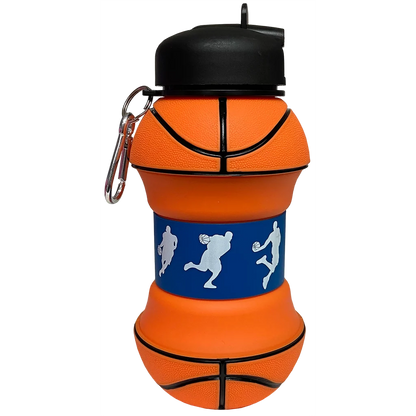 Basketball collapsible water bottle with orange body, black cap, and blue sport logo band