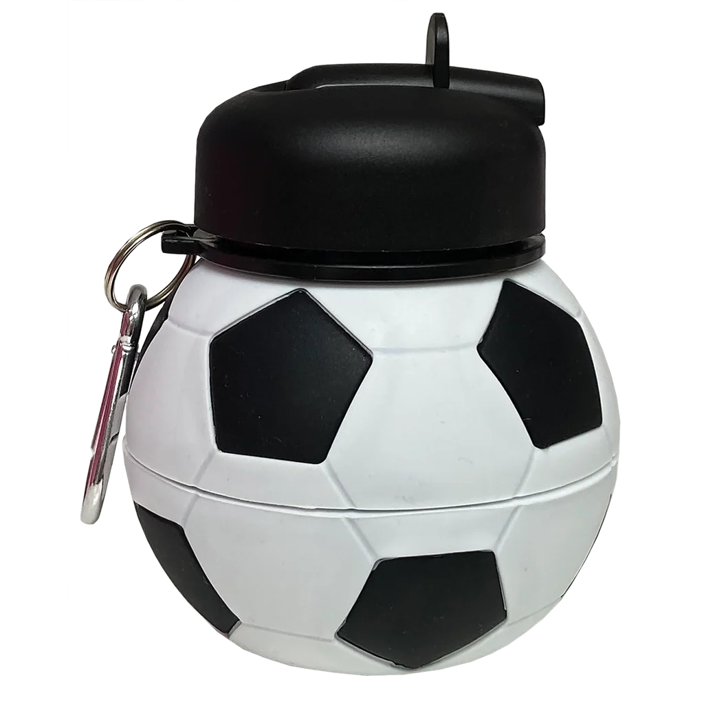 Collapsible water bottle with soccer ball design, black lid and side loop