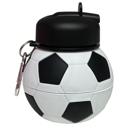 Collapsible water bottle with soccer ball design, black lid and side loop