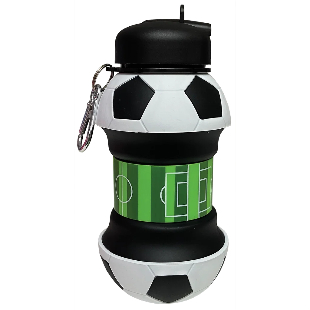 Collapsible water bottle with soccer ball graphic and green band, black lid and handle