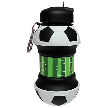 Collapsible water bottle with soccer ball graphic and green band, black lid and handle