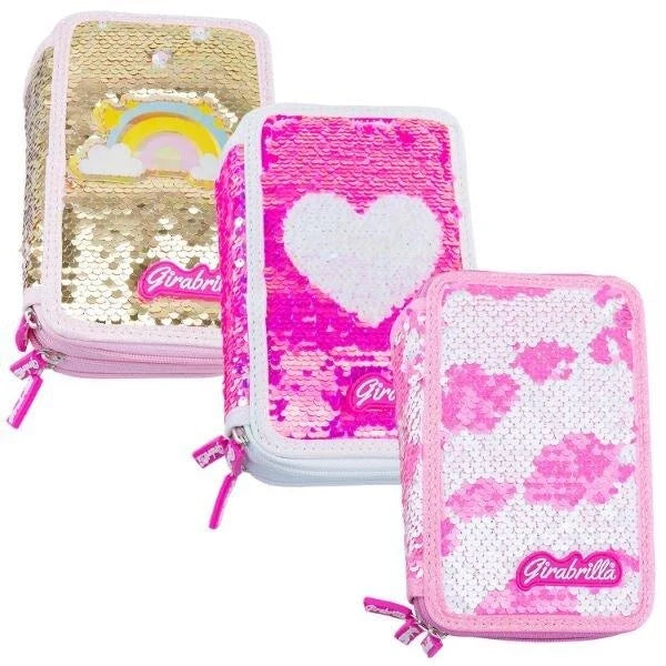 Kawaii sequin pencil case set, pink heart and star designs with zipper closure
