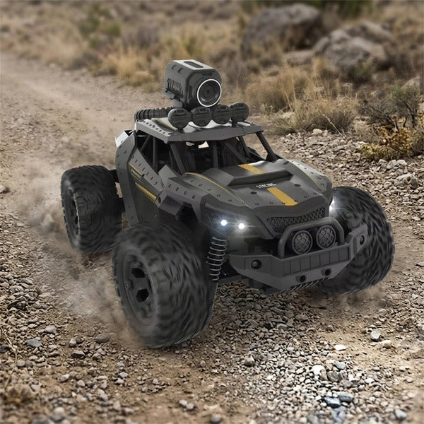 Rugged gray off-road toy car with top camera, yellow stripes, front LED lights