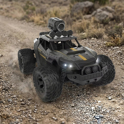 Rugged gray off-road toy car with top camera, yellow stripes, front LED lights
