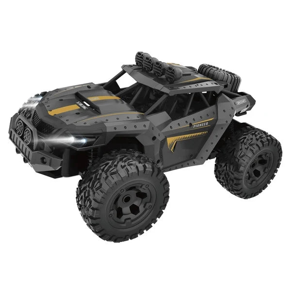 Gray off-road toy car with top camera mount, yellow accents, large knobby tires