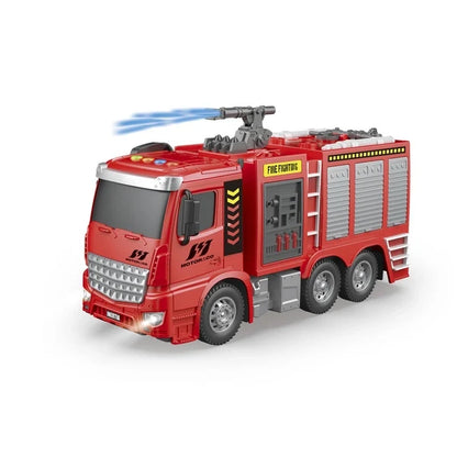 Red interactive fire truck toy with side equipment panels and blue water spray
