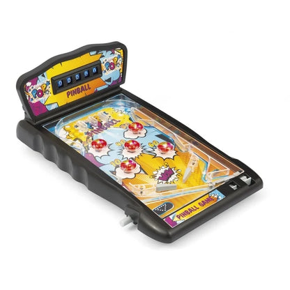 Portable electronic pinball machine with open playfield and colorful artwork
