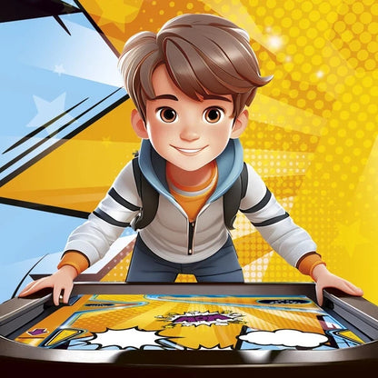 Portable electronic pinball machine playfield with cartoon boy operating it