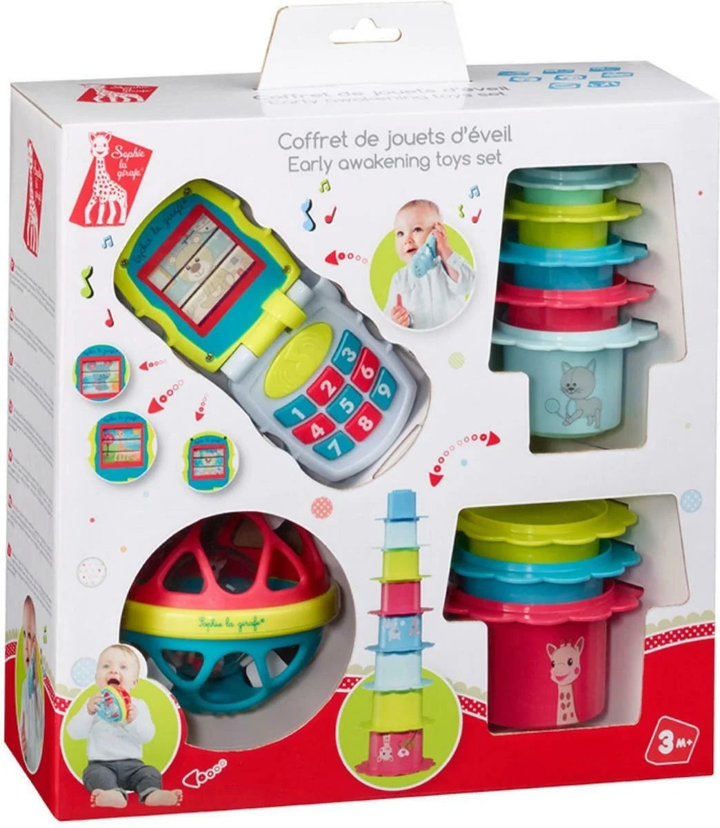 Early learning toy set in retail box with colorful stacking cups and activity phone