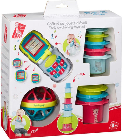 Early learning toy set in retail box with colorful stacking cups and activity phone