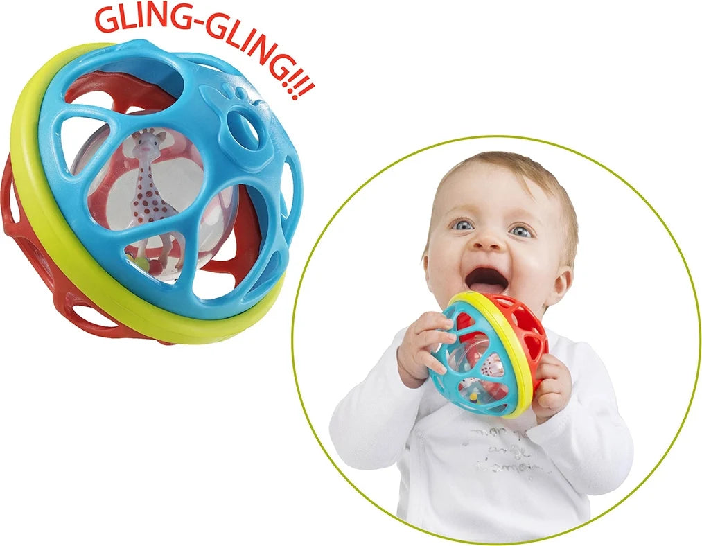 Baby teething rattle ball with blue, red, and yellow plastic rings
