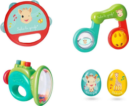 Teal and red Sophie the Giraffe music box toy with handle and spinning disc