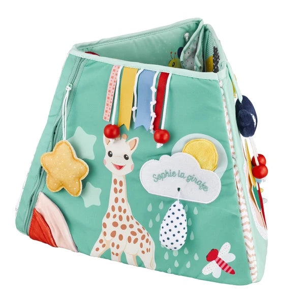 Fabric activity board with teal panels, giraffe scene, hanging beads and cloud motif