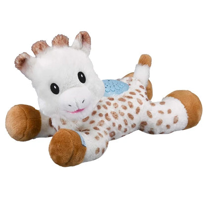 Giraffe plush toy with white face, tan legs, brown spots, blue belly panel.