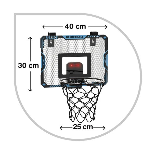Basketball backboard panel with hoop net, 40cm width, 30cm height, 25cm depth