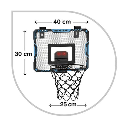 Basketball backboard panel with hoop net, 40cm width, 30cm height, 25cm depth