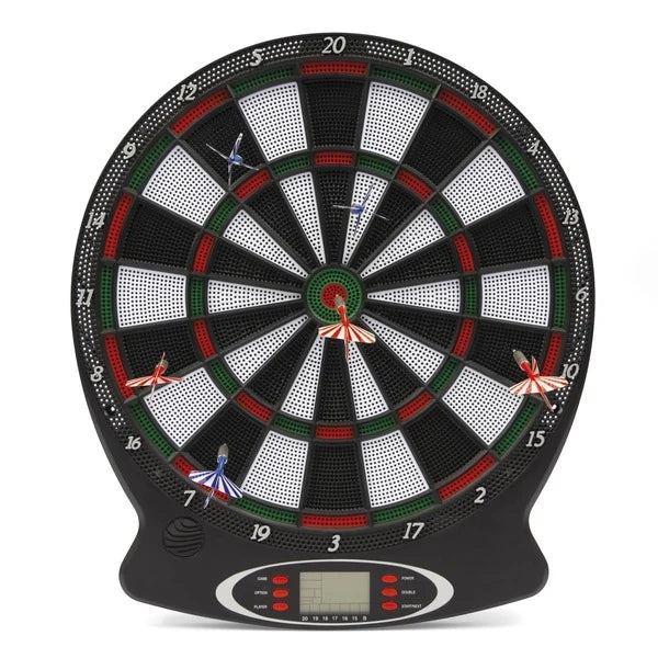Electronic dartboard with circular target, colored rings, and darts stuck in sections