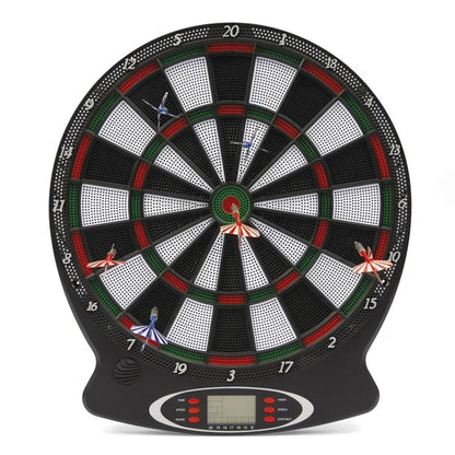 Electronic dartboard with circular target, colored rings, and darts stuck in sections