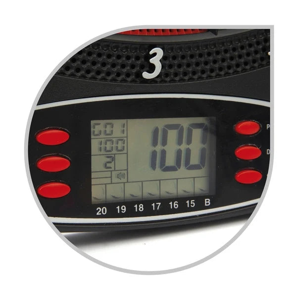 Electronic dartboard display panel with digital screen and red button controls
