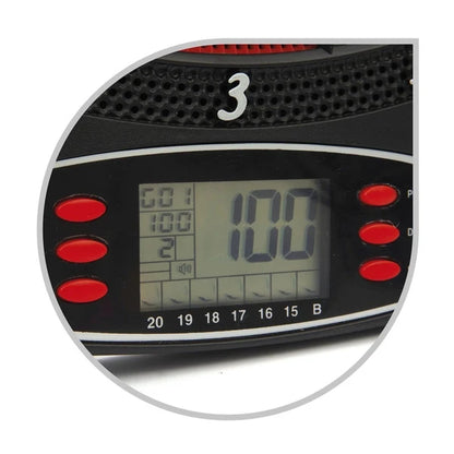 Electronic dartboard display panel with digital screen and red button controls
