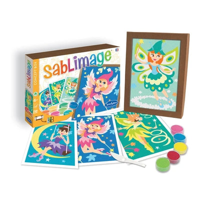 Fairy sand art kit with colorful cards, molds, and small paint pots