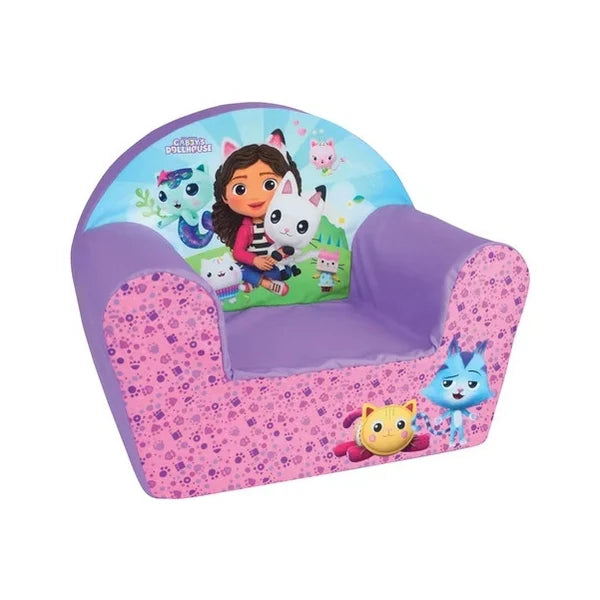 Kids club chair with purple fabric and illustrated animals on back and sides