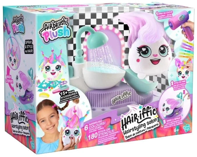 Airbrush plush hair salon playset box with character and spray station