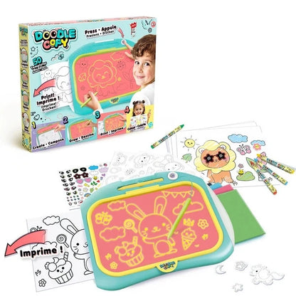 Kids doodle copy drawing set with teal pad, markers, and printable templates in box