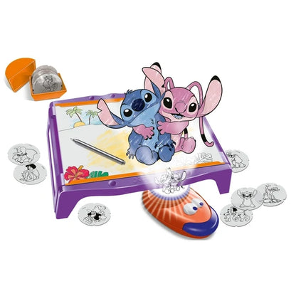 Purple Xoomy stitch drawing table with pen, orange wheel tool, character templates