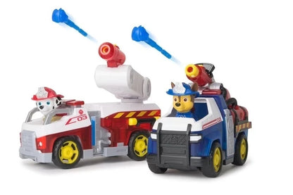 Two PAW Patrol fire trucks with water cannons, red yellow blue details, character figures