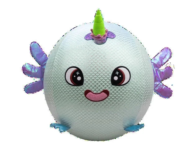 Shiny unicorn axolotl plush with big eyes and purple wing-like arms