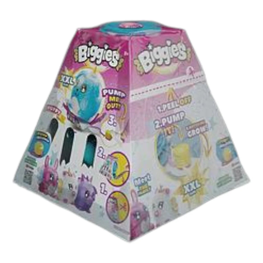 Biggies blind box package with unicorn axolotl artwork and icons