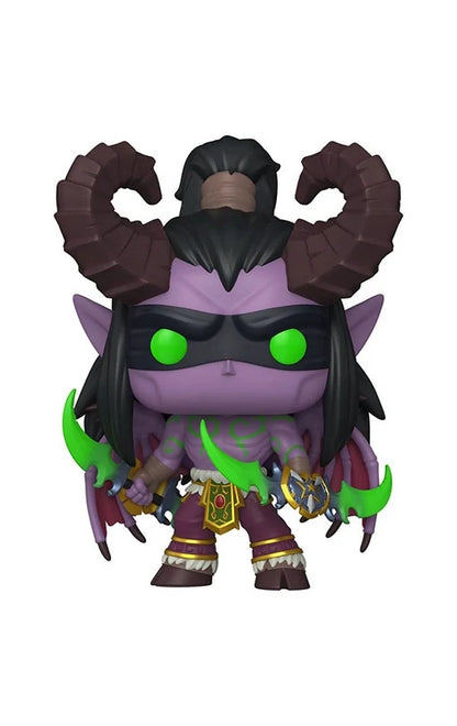 Collectible vinyl character figure with purple face, green eyes, dark hood, green accents