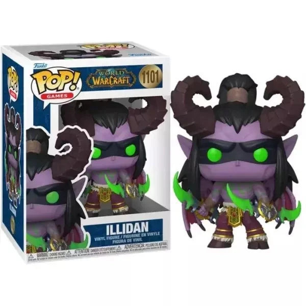Collectible vinyl character figure in box, dark hood, purple face, green glowing eyes