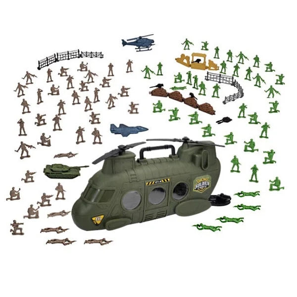 Green toy helicopter with soldier figures and accessories set