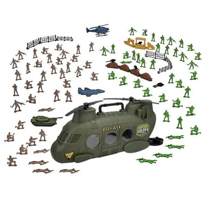 Green toy helicopter with soldier figures and accessories set